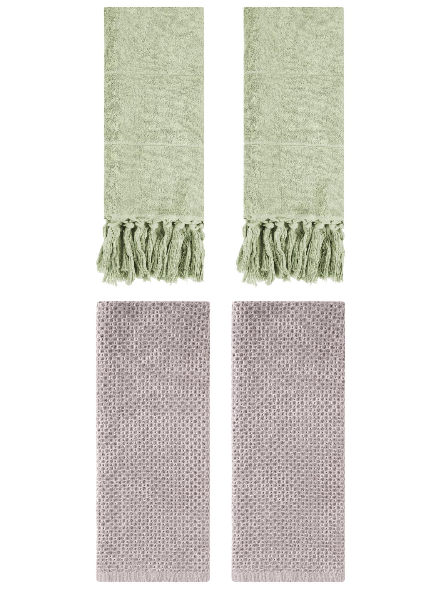 Unique Bargains 4 Pcs Cotton Hand Towels Green/Camel 14" x 30"/13" x 30"