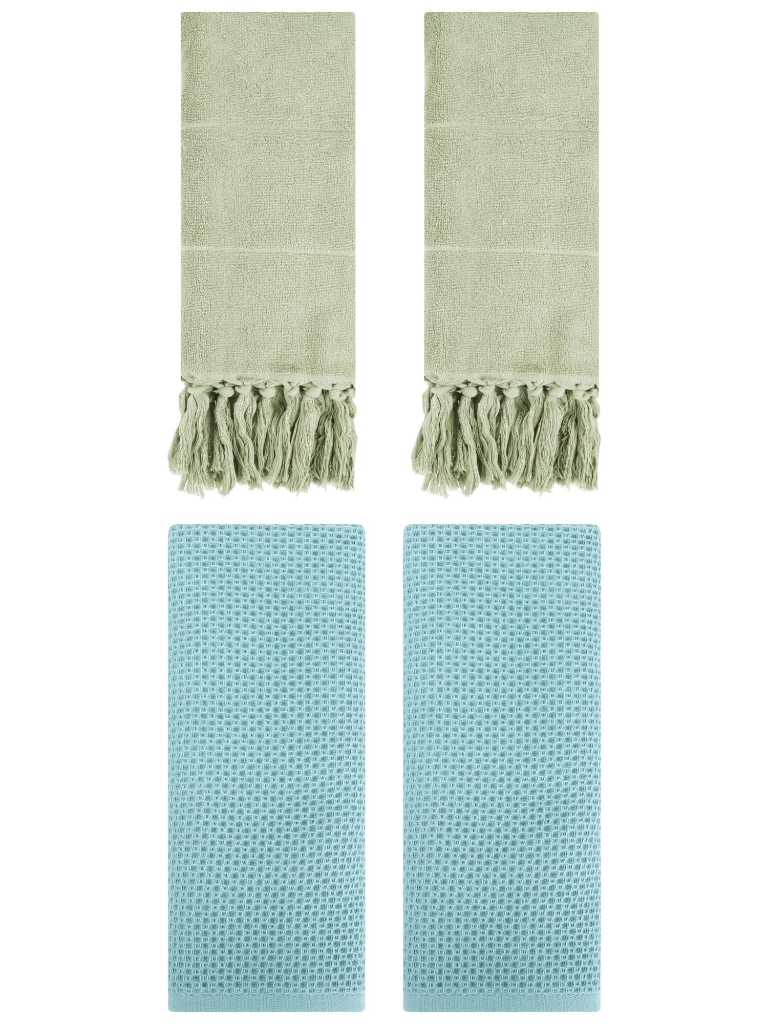 Unique Bargains 4 Pcs Cotton Hand Towels Green/Light Blue 14" x 30"/13" x 30"