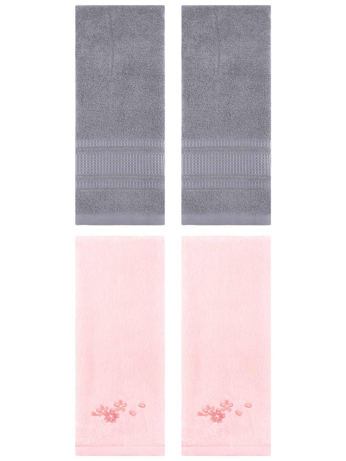 Unique Bargains 4 Pcs Cotton Soft Floral Hand Towels 13" x 29" Pink/Grey