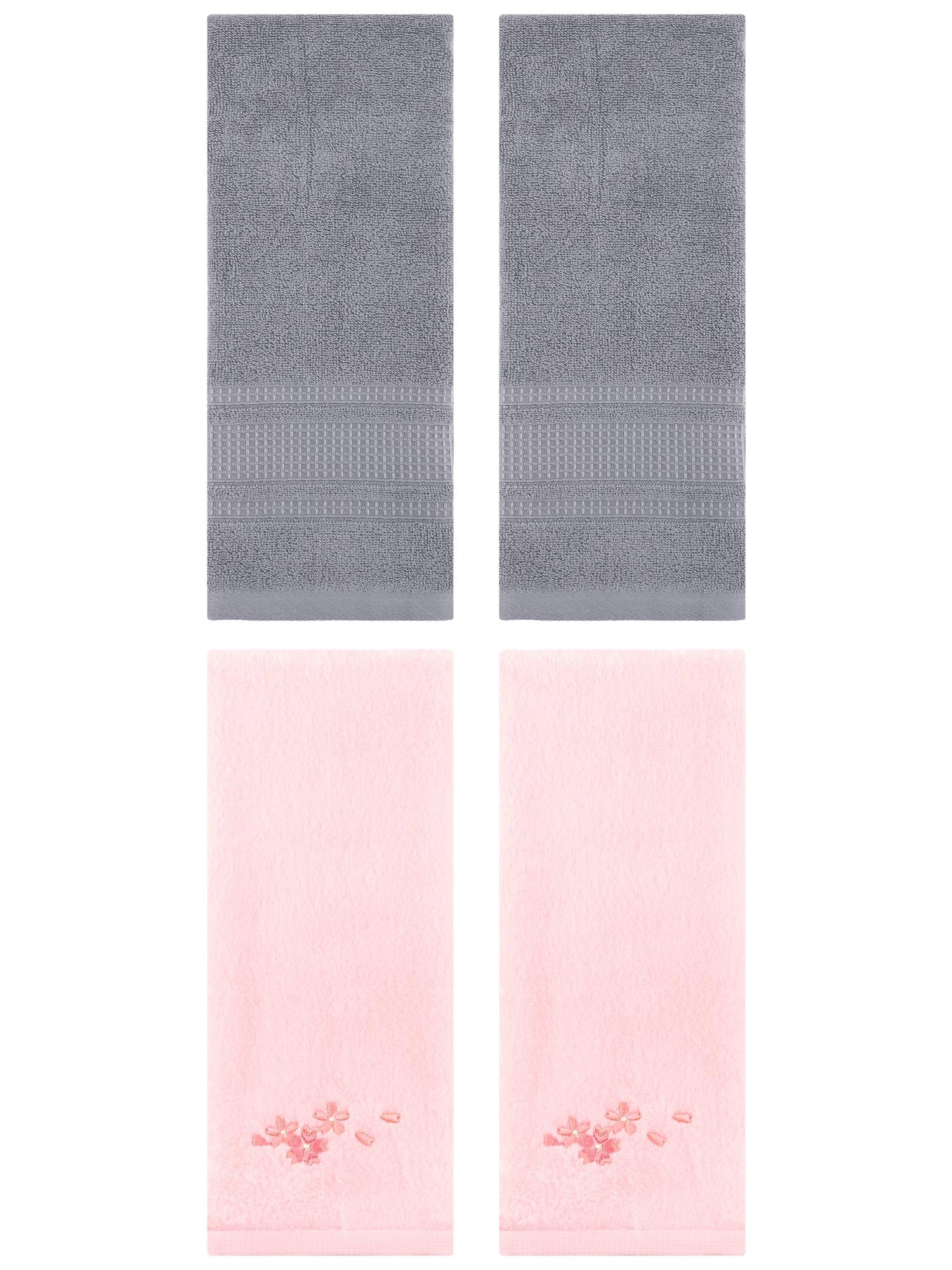 Unique Bargains 4 Pcs Cotton Soft Floral Hand Towels 13" x 29" Pink/Grey