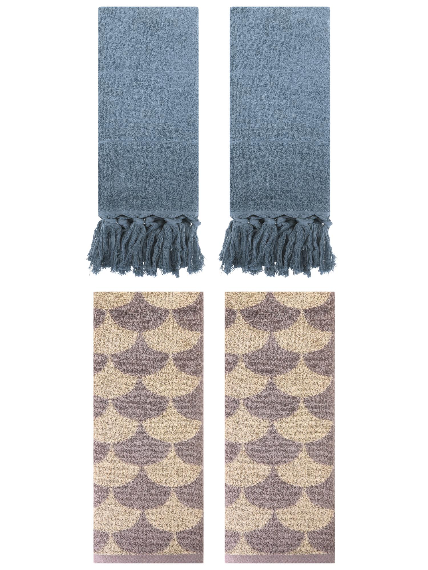 Unique Bargains 4 Pcs Cotton Solid Hand Towels Blue/Brown 14" x 30"/13" x 29"