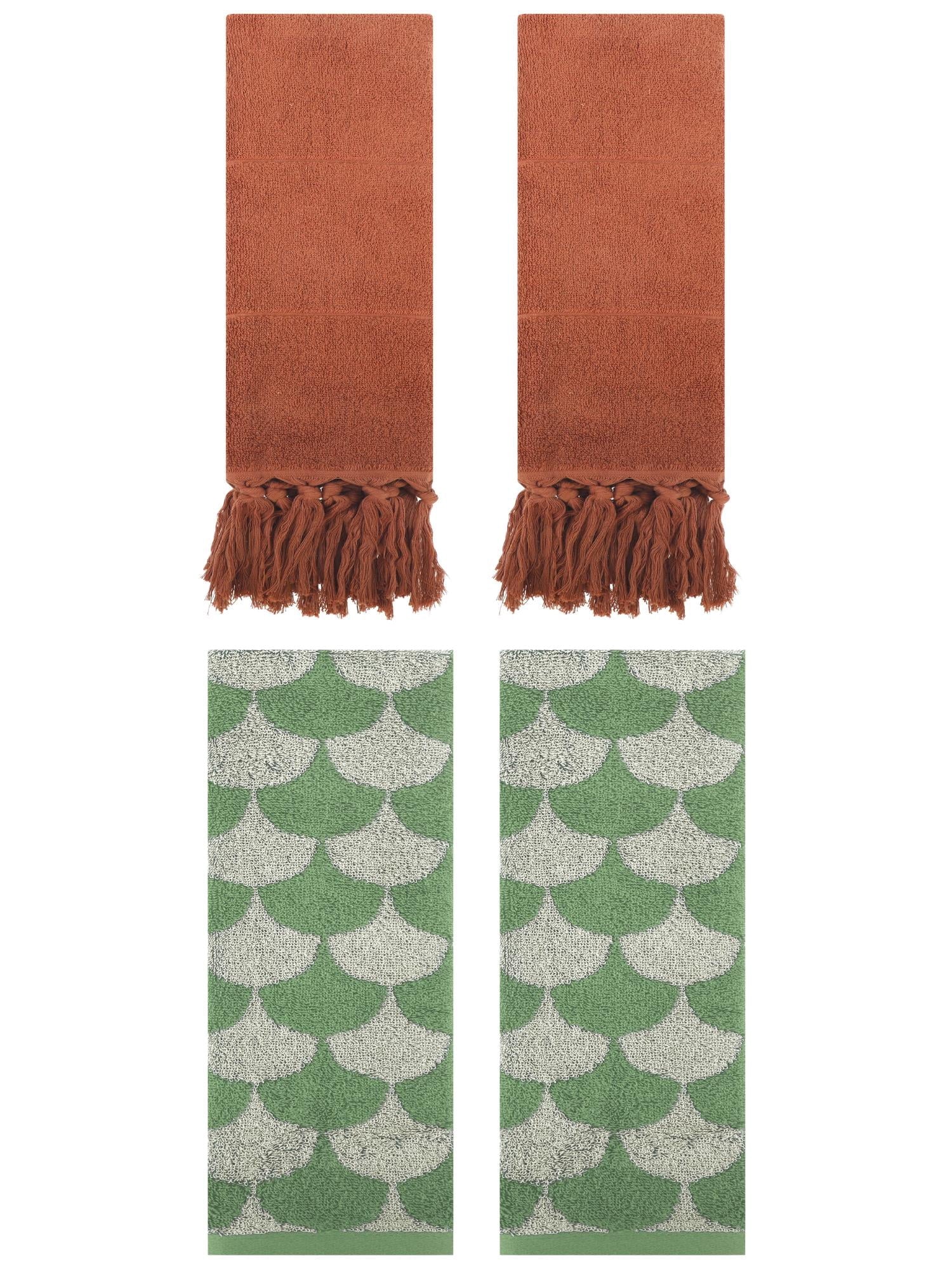 Unique Bargains 4 Pcs Cotton Solid Hand Towels Brown/Green 14" x 30"/13" x 29"