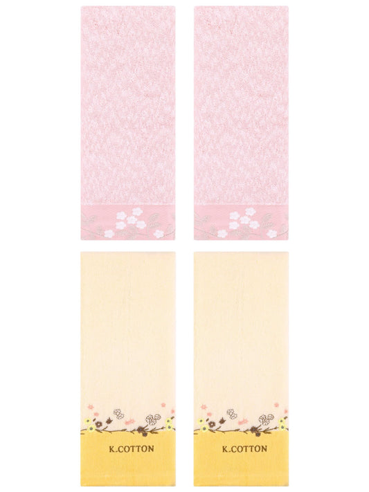 Unique Bargains 4 Pcs Embroidered Hand Towel Pink/Yellow 14" x 28"/13" x 29"