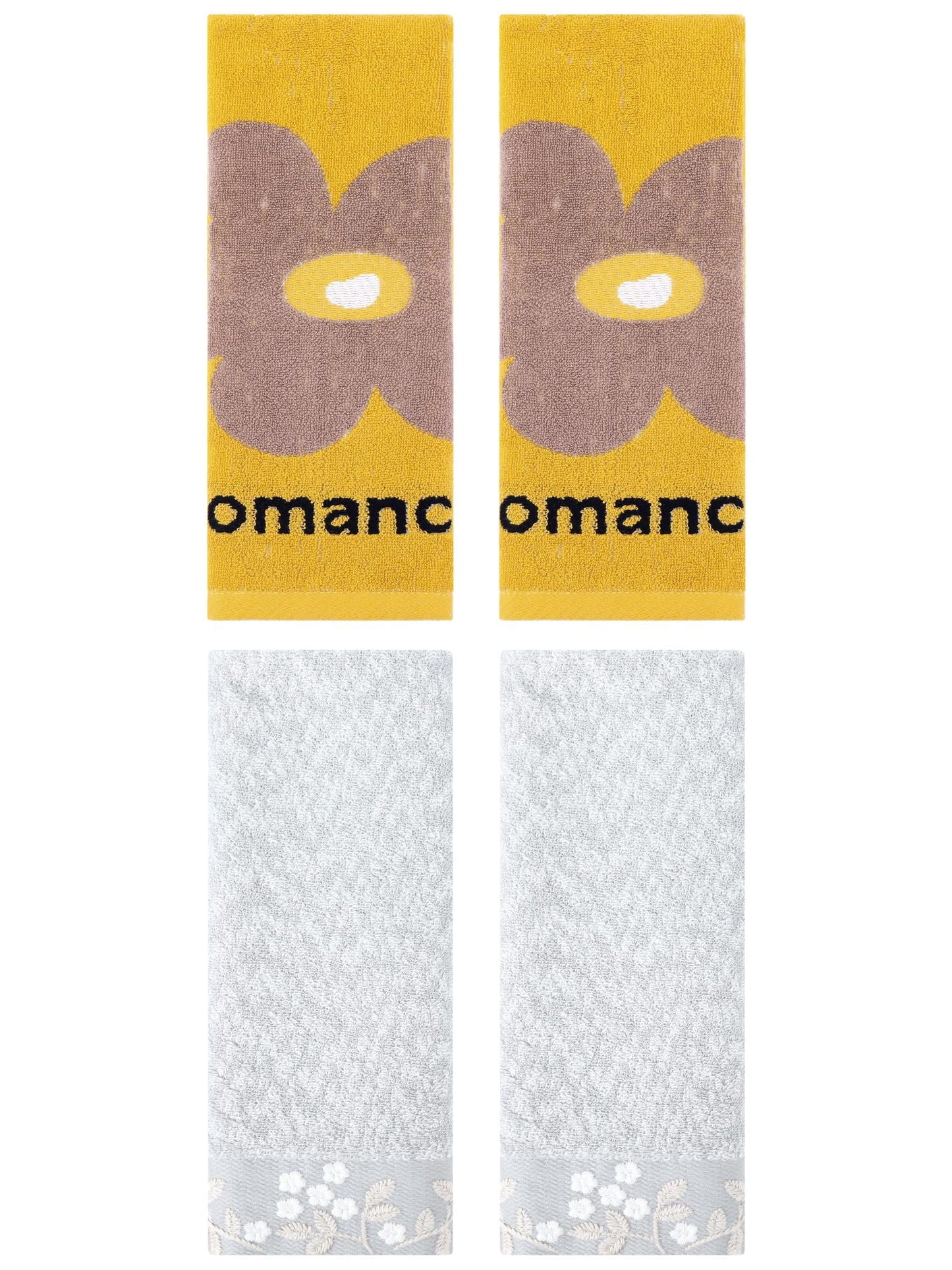 Unique Bargains 4 Pcs Floral Cotton Hand Towel Grey/Yellow 14" x 28"/13" x 30"