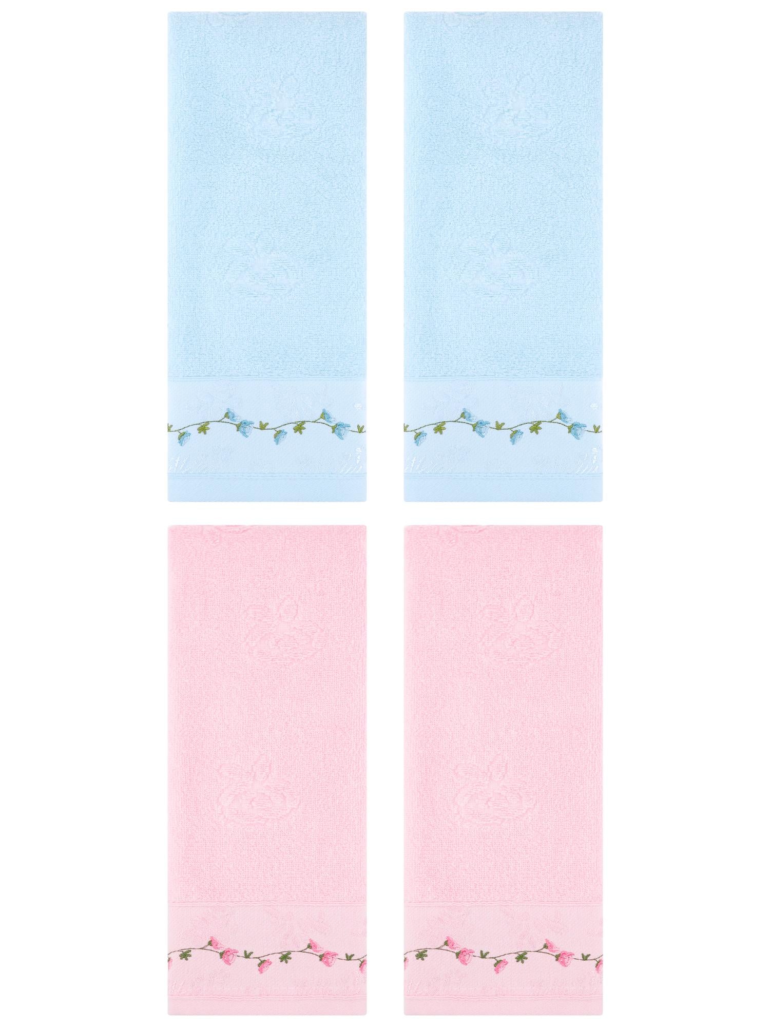 Unique Bargains 4 Pcs Floral Embroidered Soft Hand Towels 13" x 29" Pink/Blue