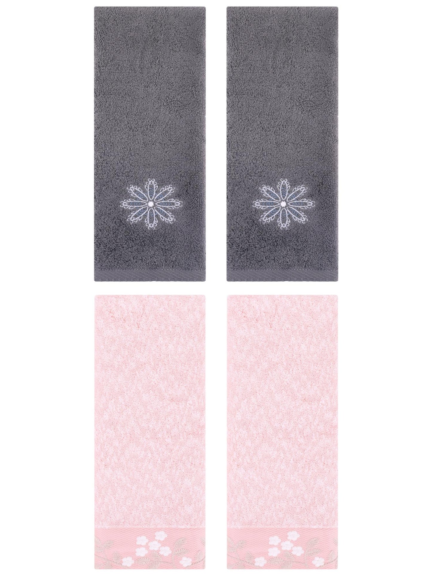 Unique Bargains 4 Pcs Floral Hand Towel Pink/Dark Grey 14" x 28"/13" x 30"