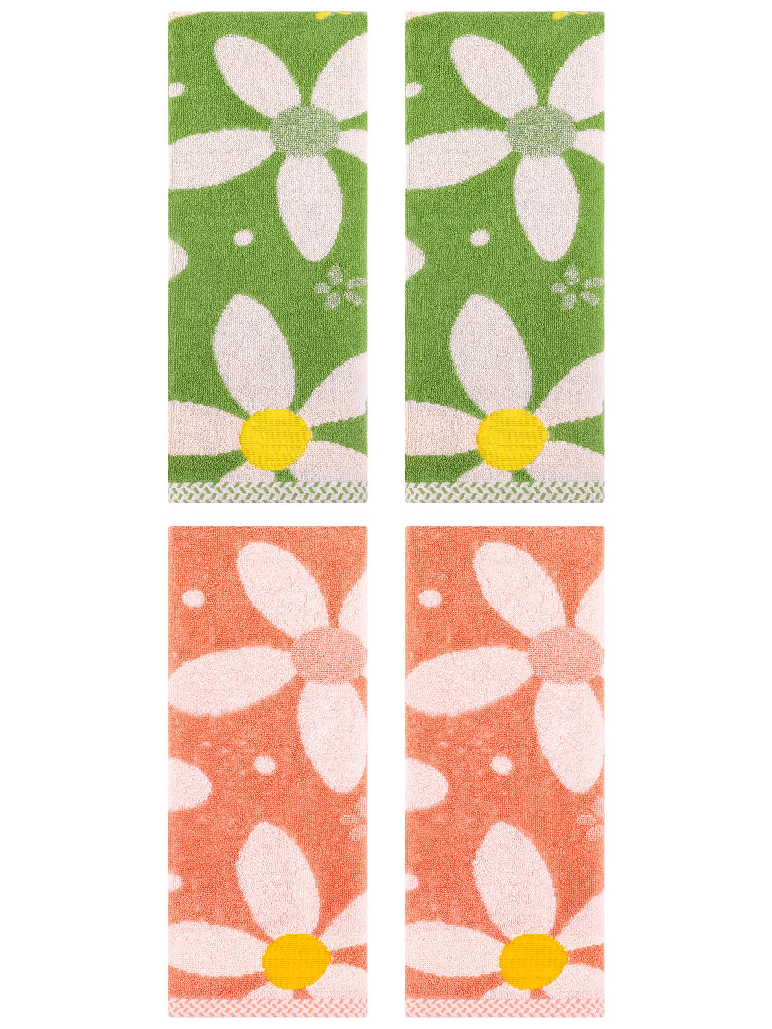 Unique Bargains 4 Pcs Floral Pattern Cotton Hand Towel Set 13 x 29 Inch Orange/Green