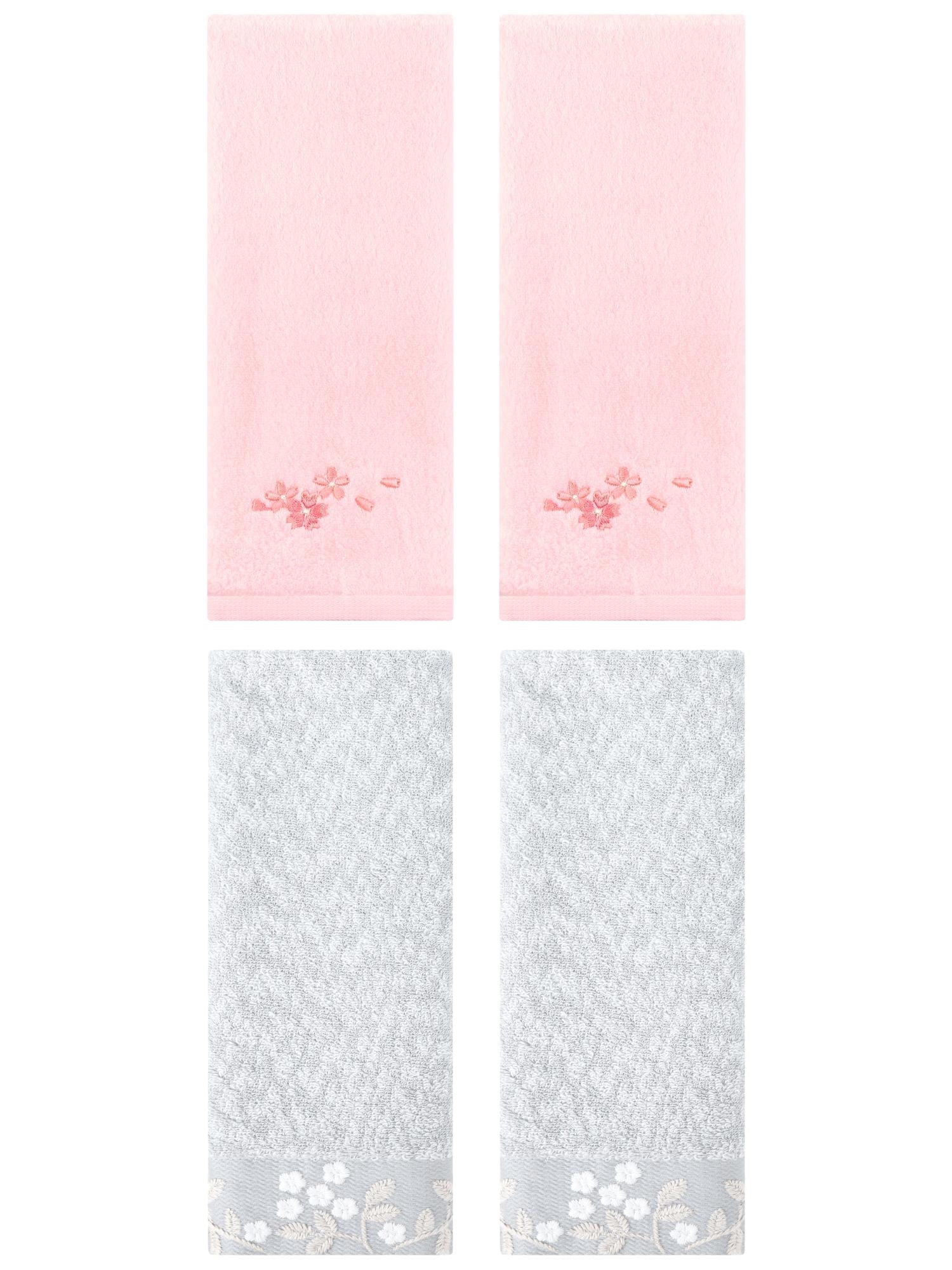 Unique Bargains 4 Pcs Floral Soft Hand Towel Grey/Pink 14" x 28"/13" x 29"