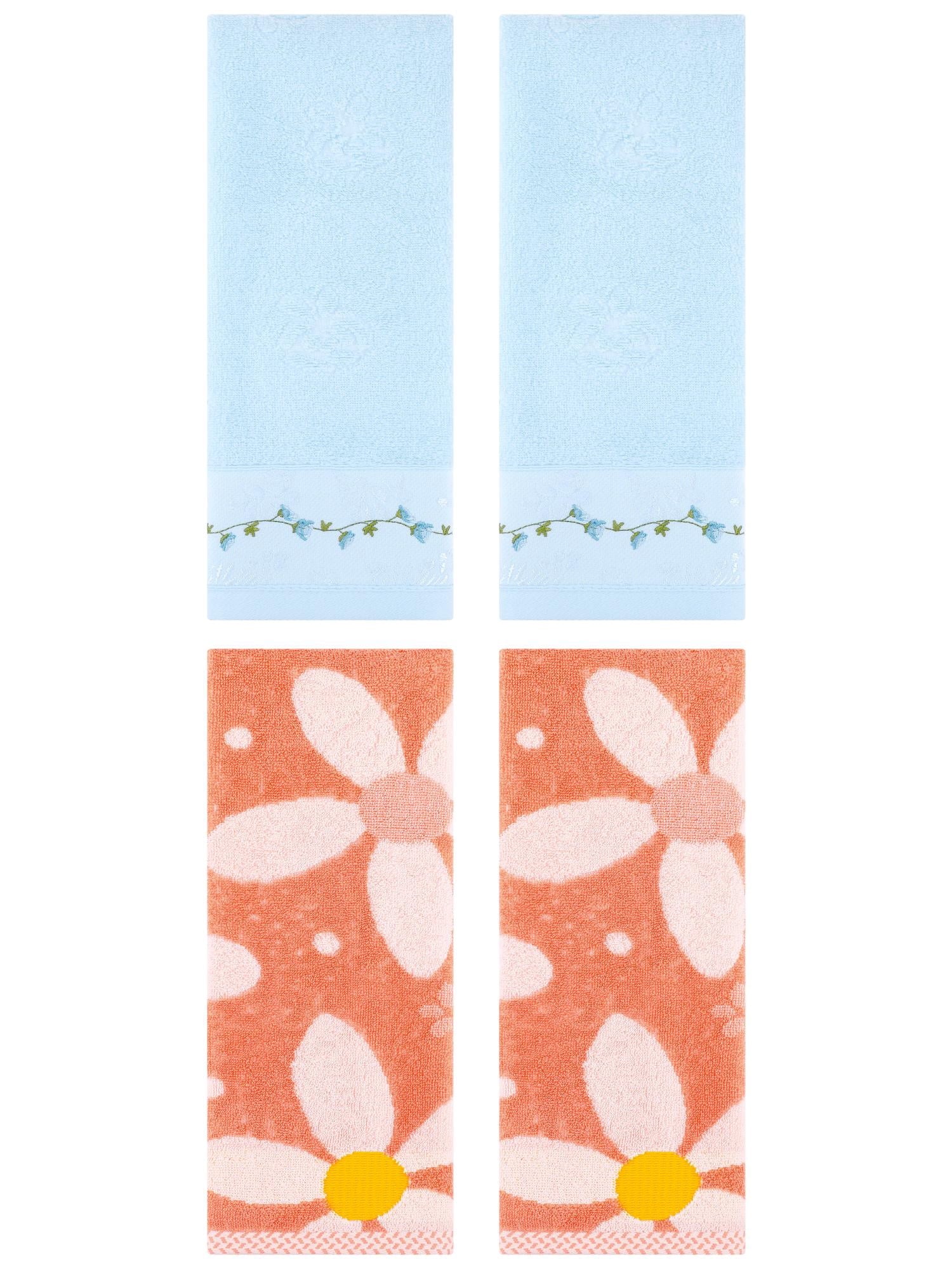 Unique Bargains 4 Pcs Floral Soft Hand Towels 13 x 29 Inch Orange/Blue
