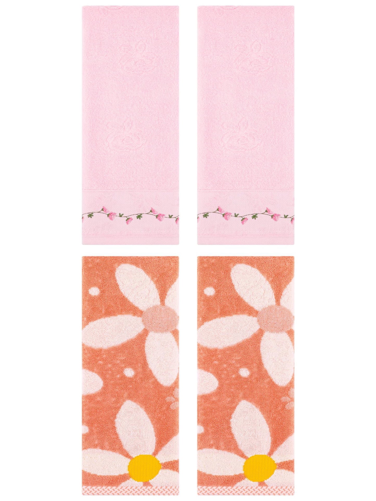 Unique Bargains 4 Pcs Floral Soft Hand Towels 13 x 29 Inch Orange/Pink