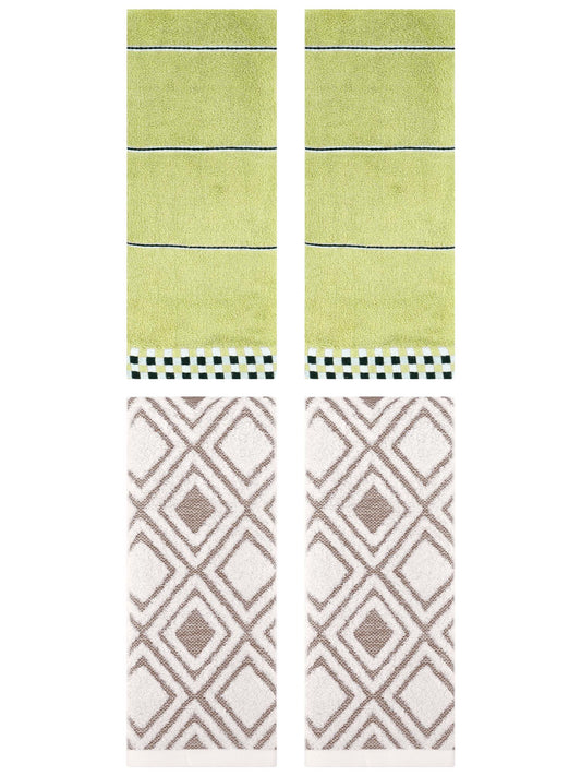 Unique Bargains 4 Pcs Geometric Soft Hand Towels Green/Beige 14" x 30"/13" x 29"