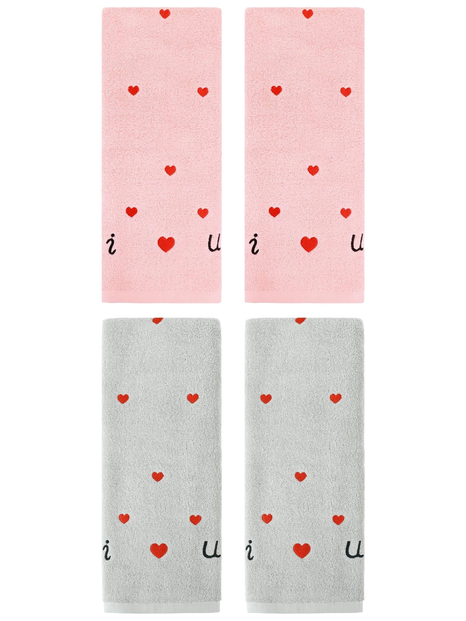 Unique Bargains 4 Pcs Letter Heart Pattern Hand Towels Pink/Light Grey 13" x 29"