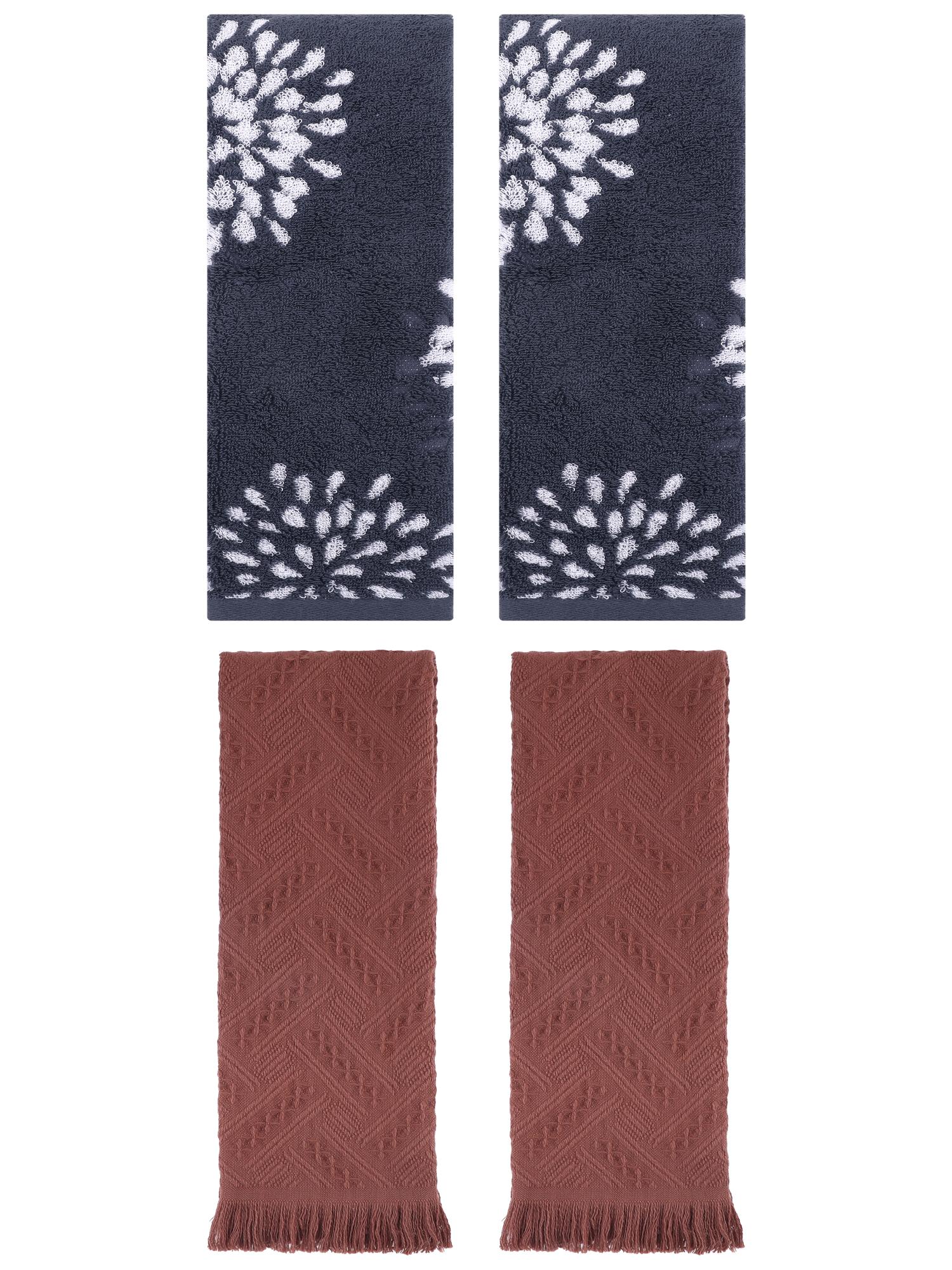 Unique Bargains 4 Pcs Pure Cotton Hand Towel, Kitchen Blue/Brown 14" x 30"/13" x 29"