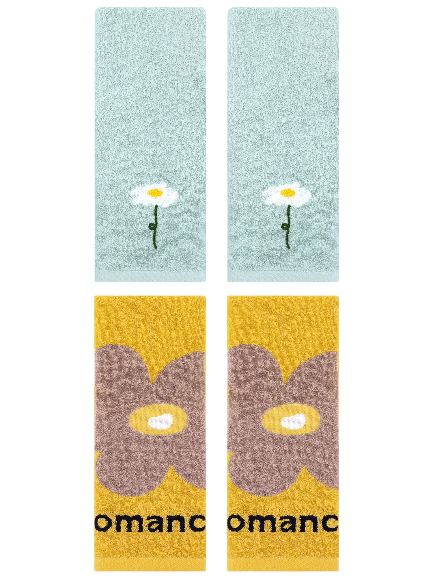Unique Bargains 4 Pcs Soft Absorbent Floral Pattern Cotton Hand Towel Blue/Yellow