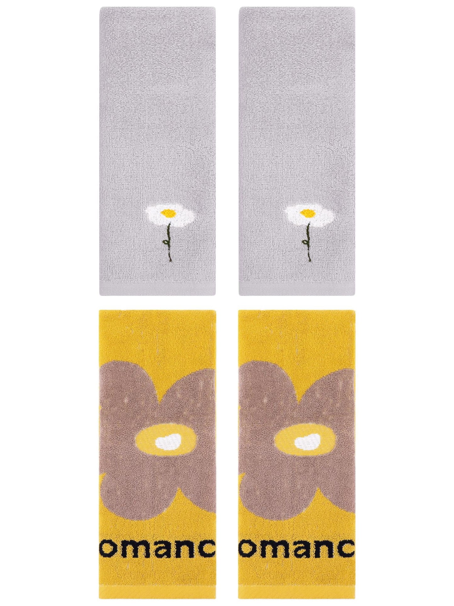 Unique Bargains 4 Pcs Soft Absorbent Floral Pattern Cotton Hand Towel Grey/Yellow