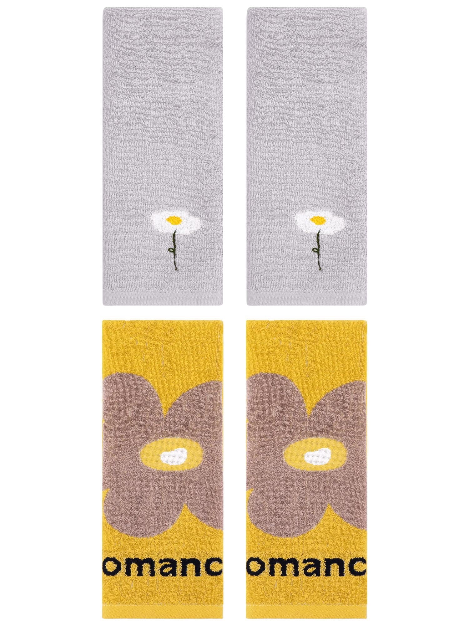Unique Bargains 4 Pcs Soft Absorbent Floral Pattern Cotton Hand Towel Grey/Yellow