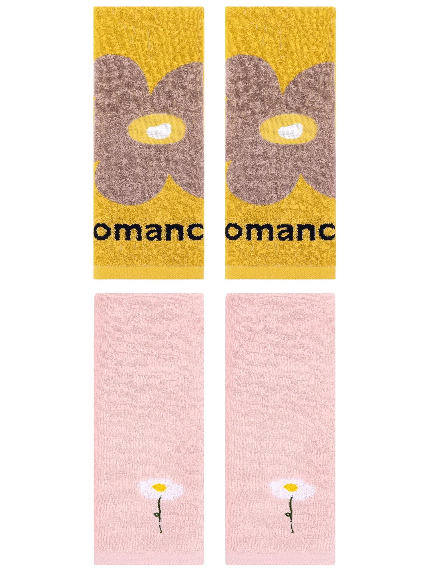 Unique Bargains 4 Pcs Soft Absorbent Floral Pattern Cotton Hand Towel Pink/Yellow