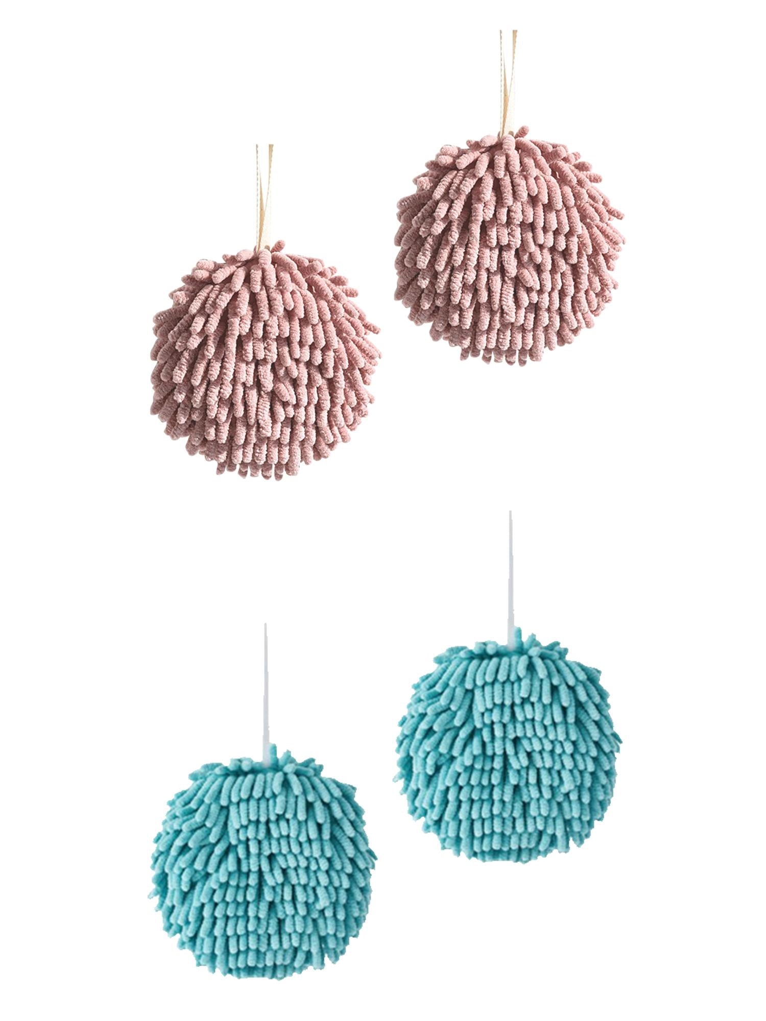 Unique Bargains 4 Pcs Soft Chenille Ball Hand Towels Dark Pink/Blue 6" x 6"