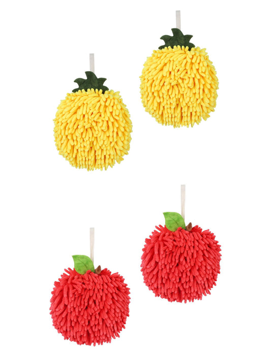 Unique Bargains 4 Pcs Soft Chenille Ball Hand Towels Red/Yellow 6" x 6"