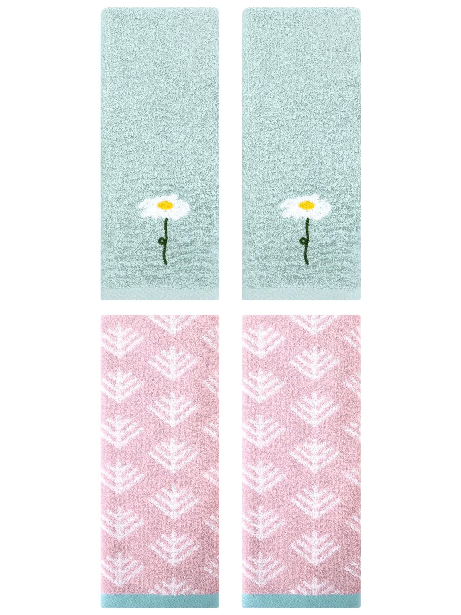 Unique Bargains 4 Pcs Soft Cotton Hand Towels Blue/Pink 13" x 30"/14" x 30"