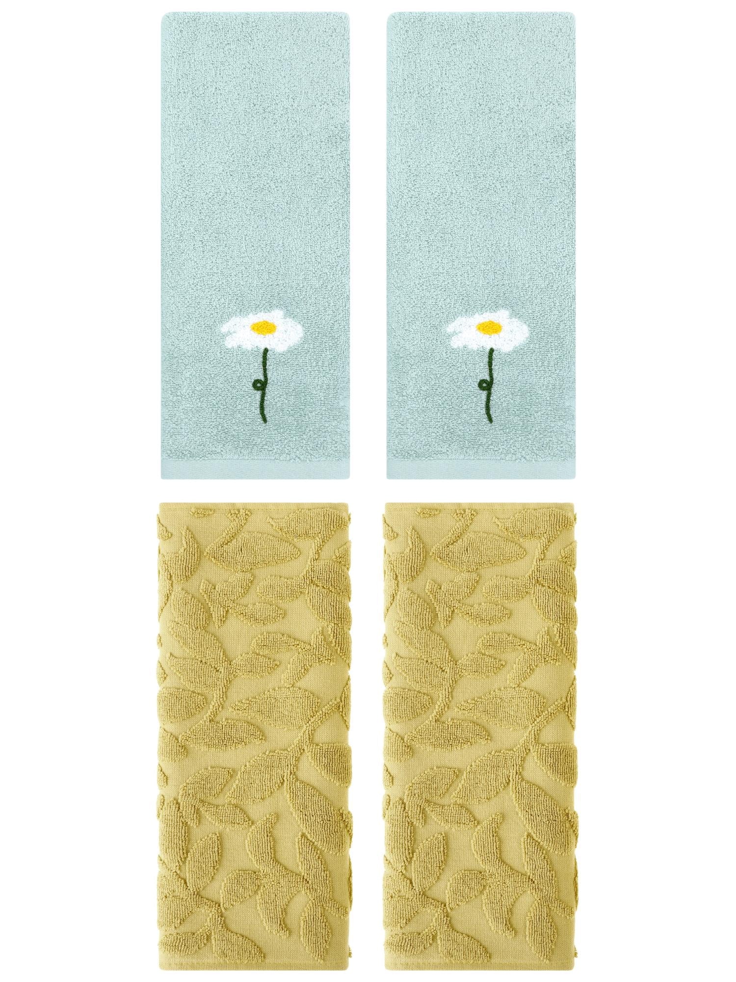 Unique Bargains 4 Pcs Soft Cotton Hand Towels Blue/Yellow 13" x 30"/14" x 30"