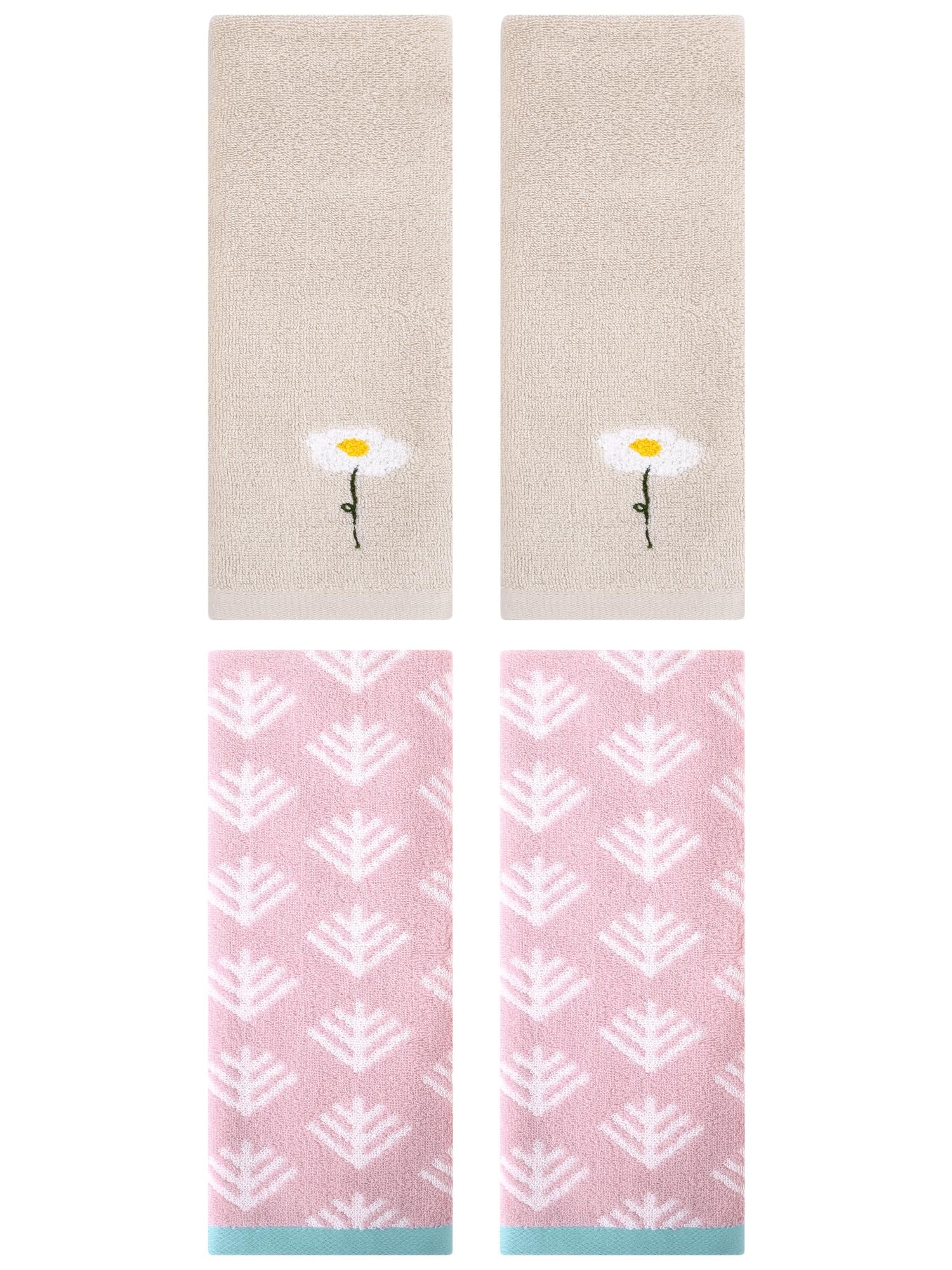 Unique Bargains 4 Pcs Soft Cotton Hand Towels Light Brown/Pink 13" x 30"/14" x 30"
