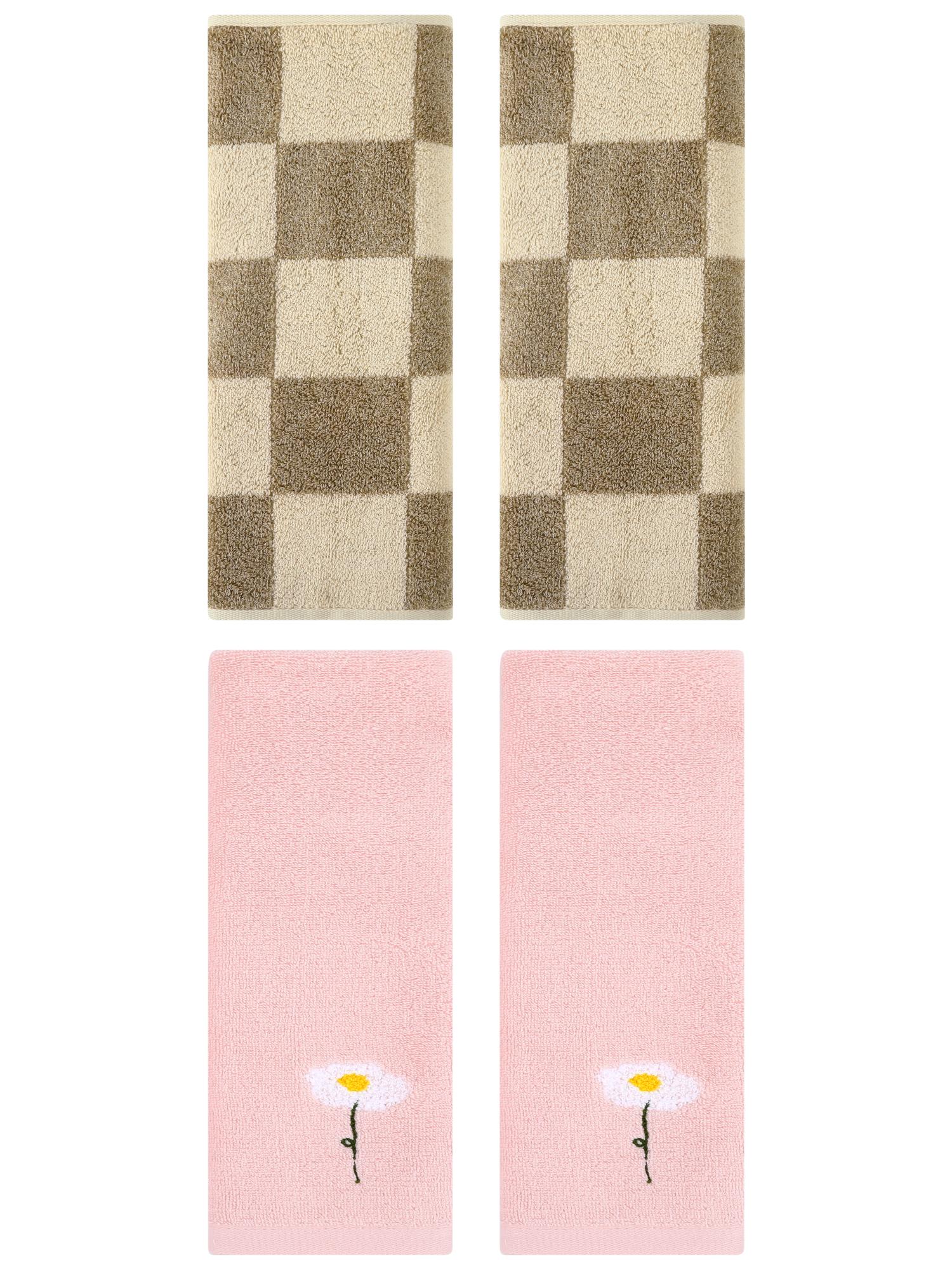 Unique Bargains 4 Pcs Soft Cotton Hand Towels Pink/Brown 13" x 30"/14" x 28"