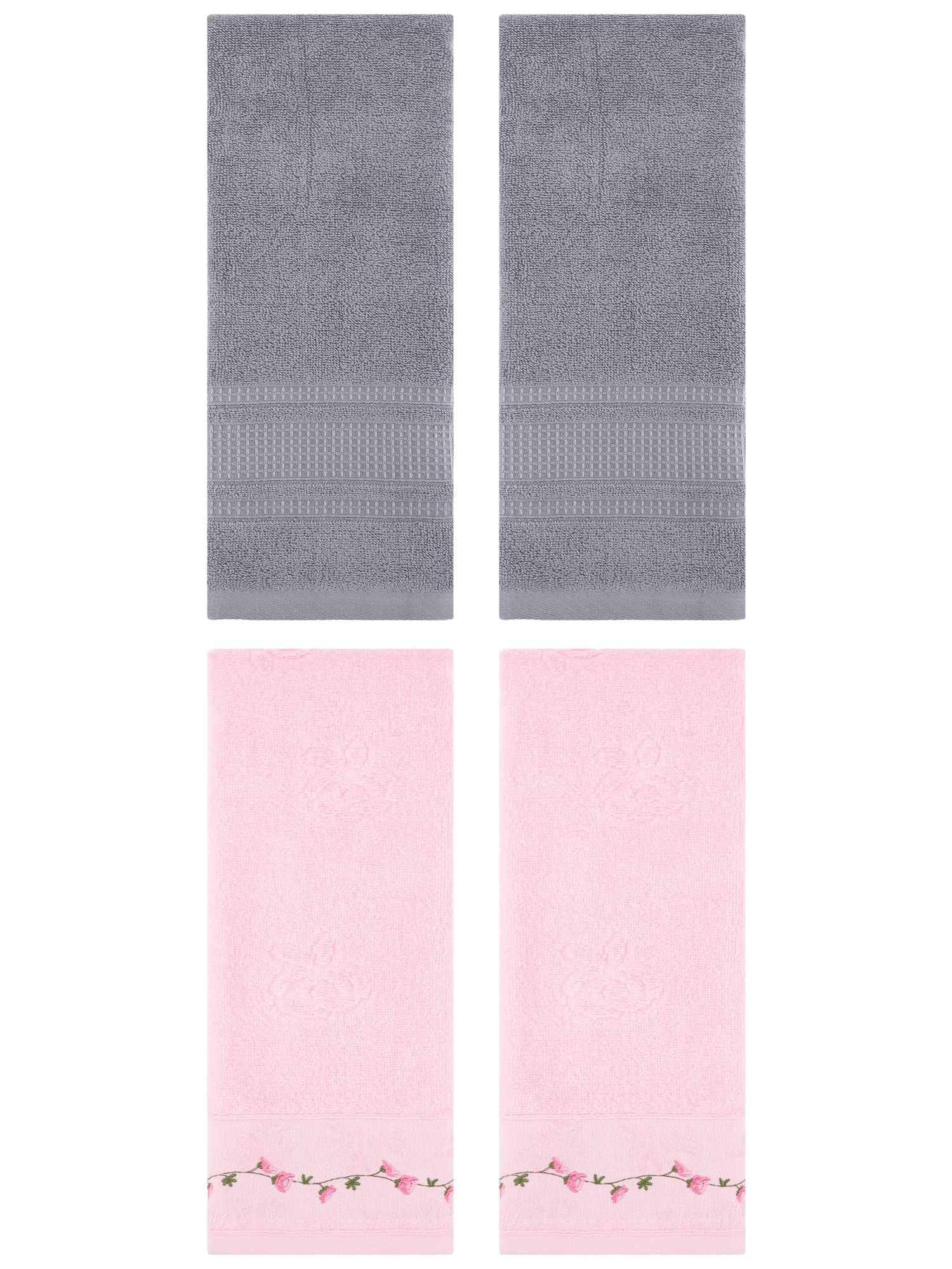Unique Bargains 4 Pcs Soft Embroidered Hand Towels 13" x 29" Pink/Grey