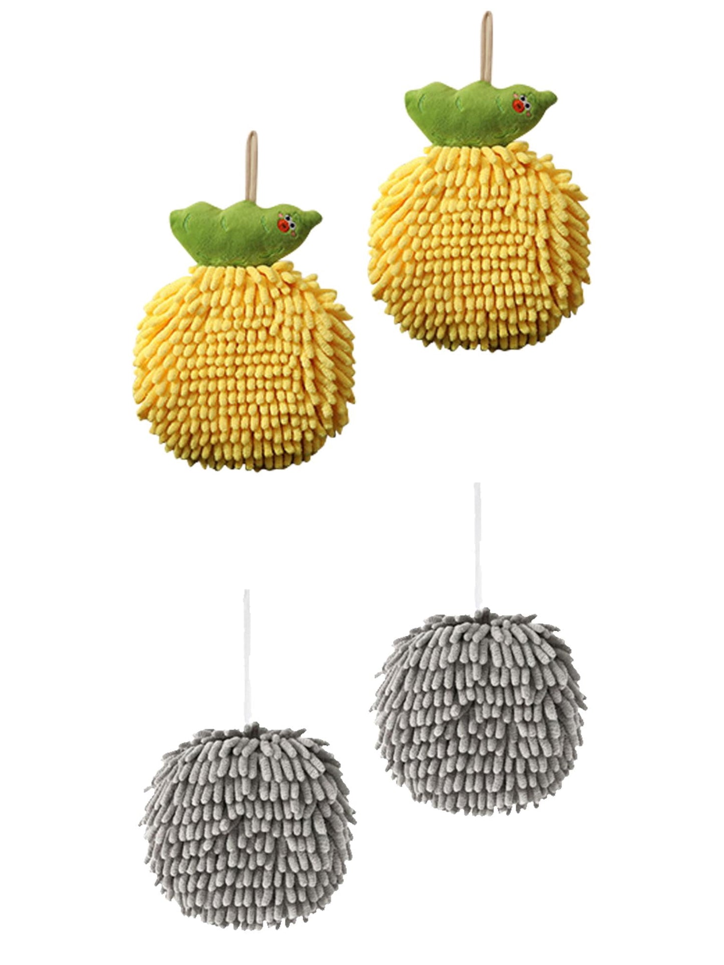 Unique Bargains 4 Pcs Soft Fluffy Ball Hand Towels Grey/Yellow 6" x 6"/7" x 9"