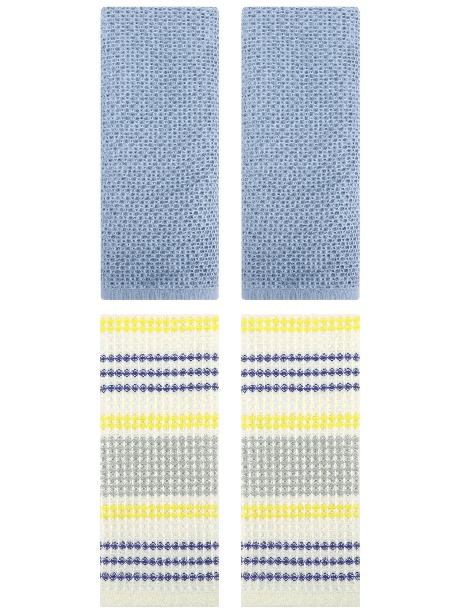 Unique Bargains 4 Pcs Soft Waffle Hand Towel Steel Blue/Blue Yellow 13" x 30"/13" x 29"
