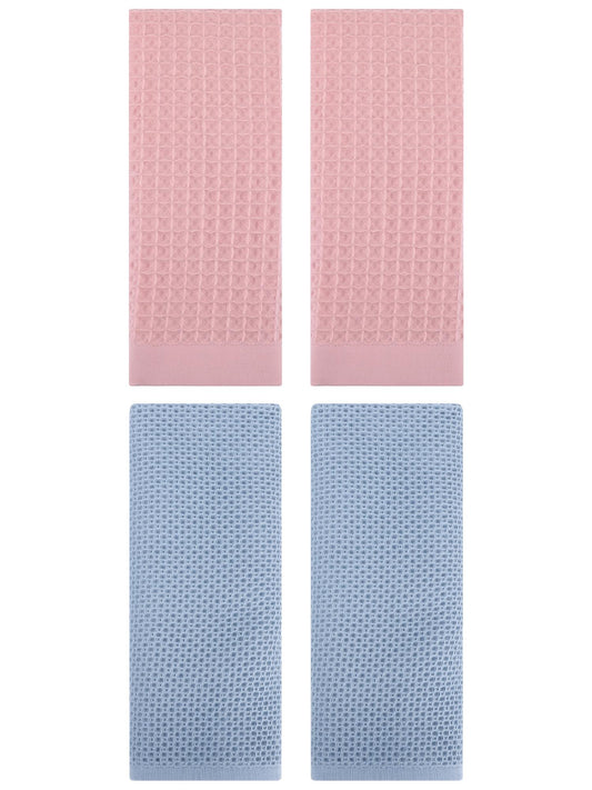 Unique Bargains 4 Pcs Soft Waffle Hand Towel Steel Blue/Pink 13" x 30"/14" x 30"
