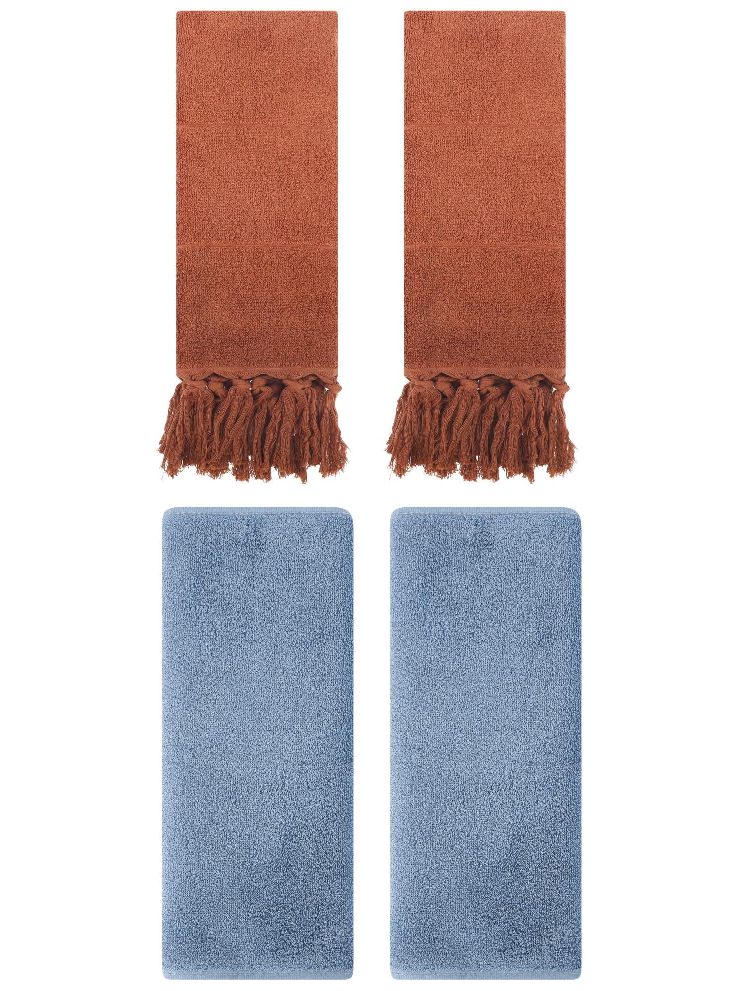 Unique Bargains 4 Pcs Solid Cotton Hand Towels Brown/Light Steel Blue 14" x 30"/13" x 30"