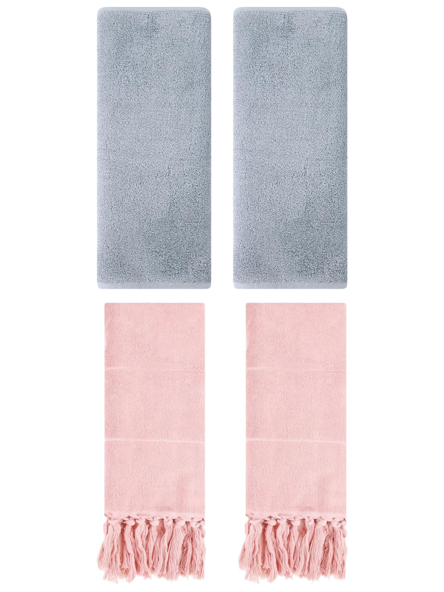 Unique Bargains 4 Pcs Solid Cotton Hand Towels Pink/Light Grey 14" x 30"/13" x 30"