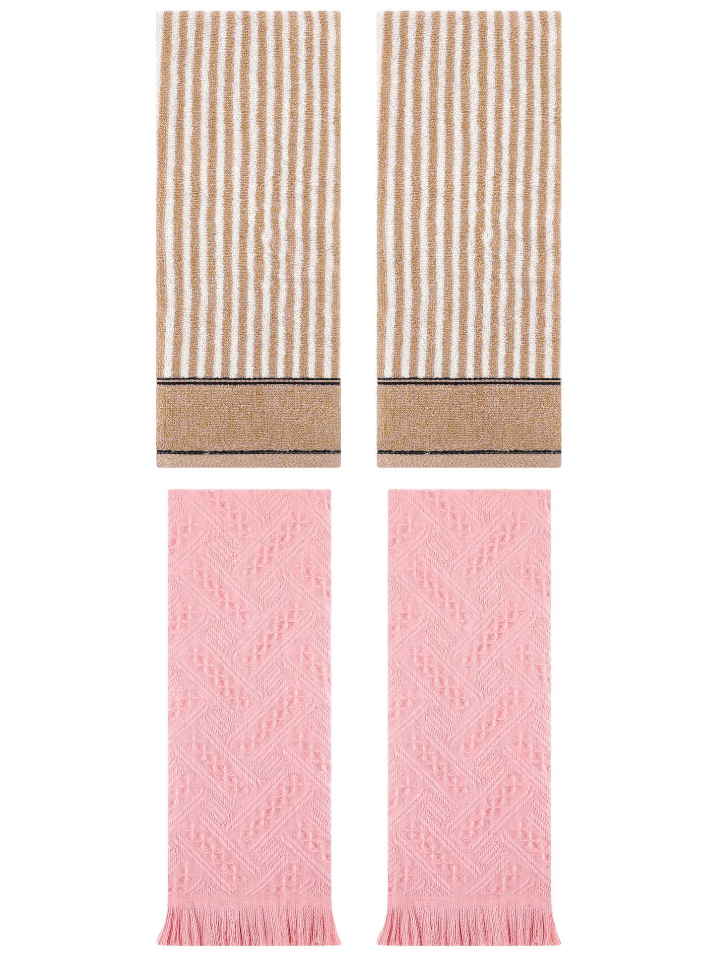 Unique Bargains 4 Pcs Striped Absorbent Cotton Hand Towels 13 x 29 Inch Brown/Pink
