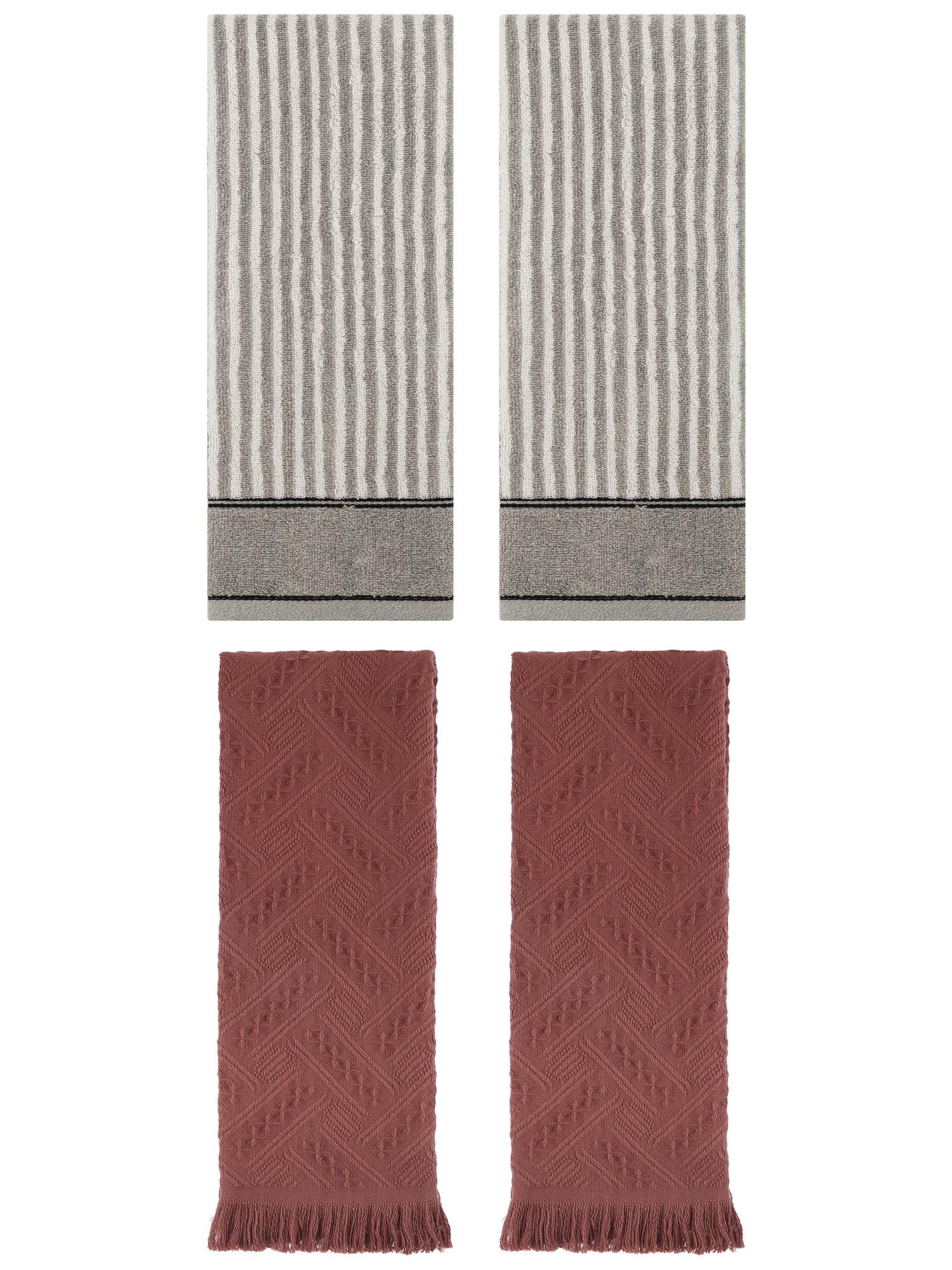 Unique Bargains 4 Pcs Striped Absorbent Cotton Hand Towels 13 x 29 Inch Grey/Brown