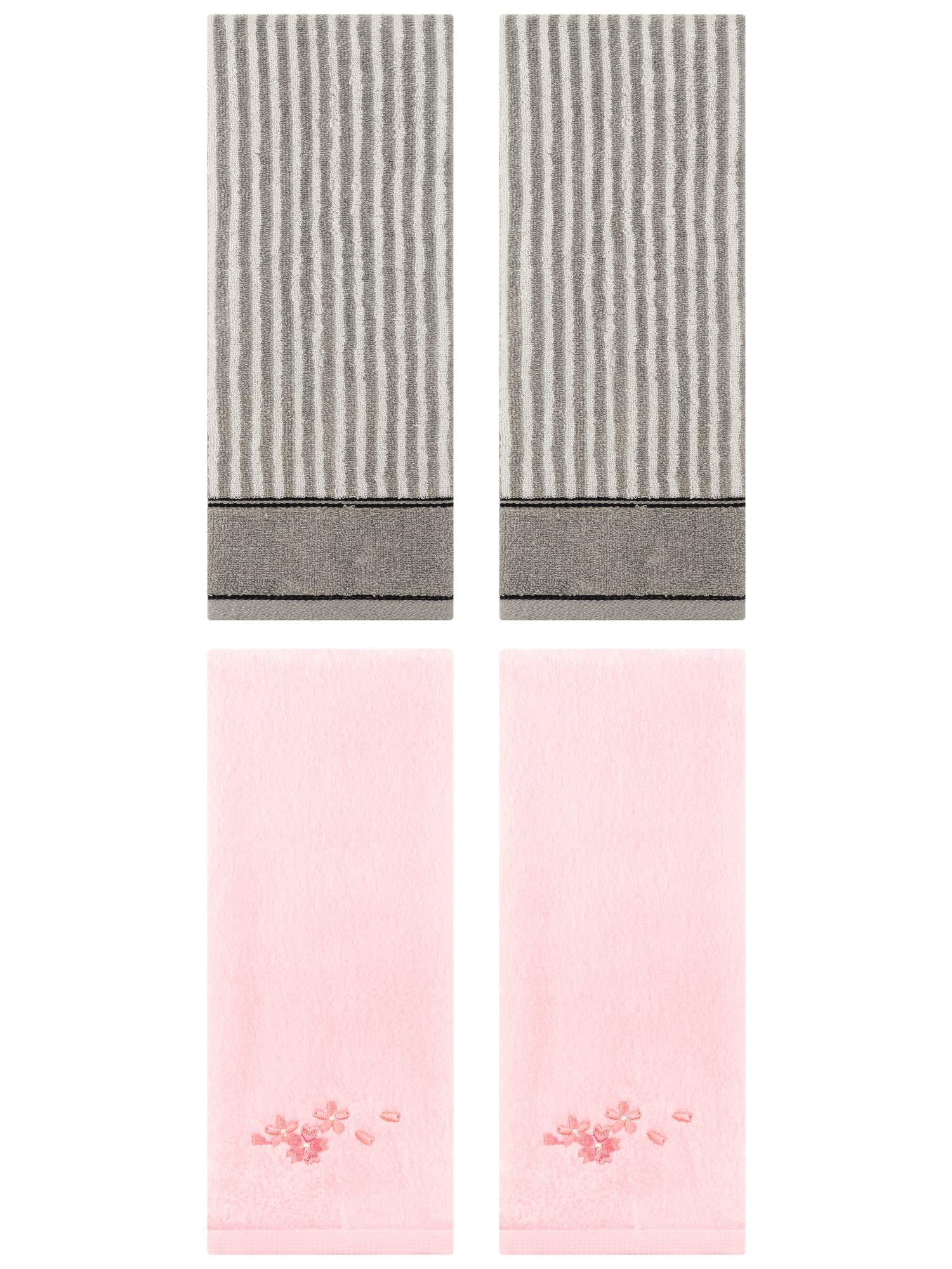 Unique Bargains 4 Pcs Striped Cotton Hand Towel Set 13 x 29 Inch Grey/Pink