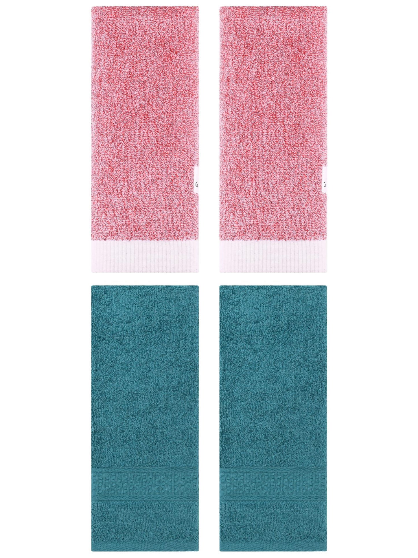 Unique Bargains 4 Pcs Textured Cotton Hand Towel Dark Green/Pink 13" x 30"/13" x 29"
