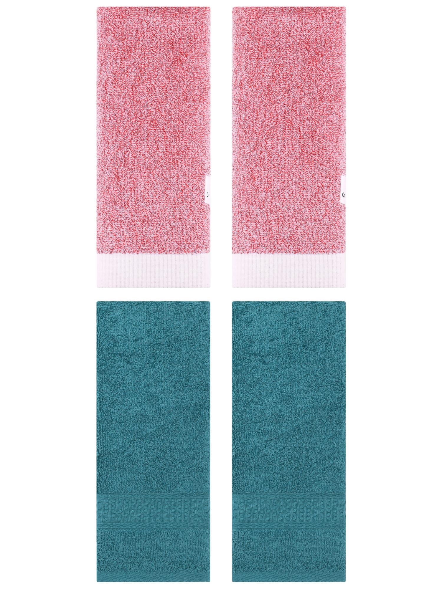 Unique Bargains 4 Pcs Textured Cotton Hand Towel Dark Green/Pink 13" x 30"/13" x 29"