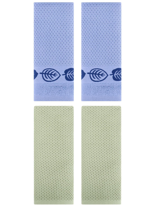 Unique Bargains 4 Pcs Waffle Cotton Hand Towel Light Green/Blue 13" x 30"/13" x 29"