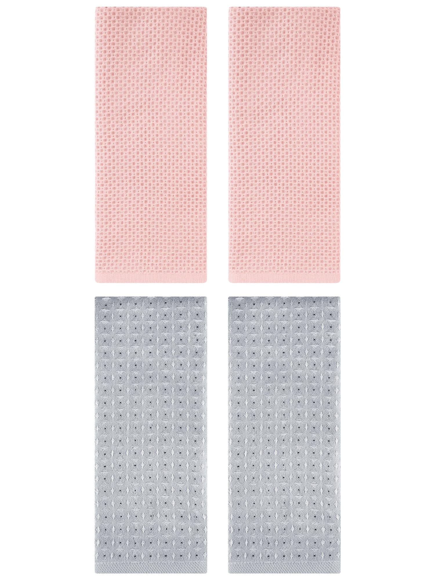 Unique Bargains 4 Pcs Waffle Soft Hand Towels Pink/Grey 13" x 30"/13" x 29"