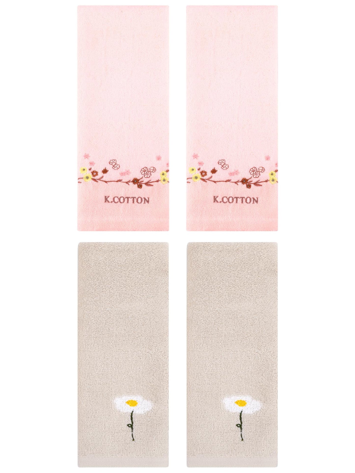 Unique Bargains 4Pcs Comfy Floral Hand Towel Set Brown/Pink 13" x 30"/13" x 29"