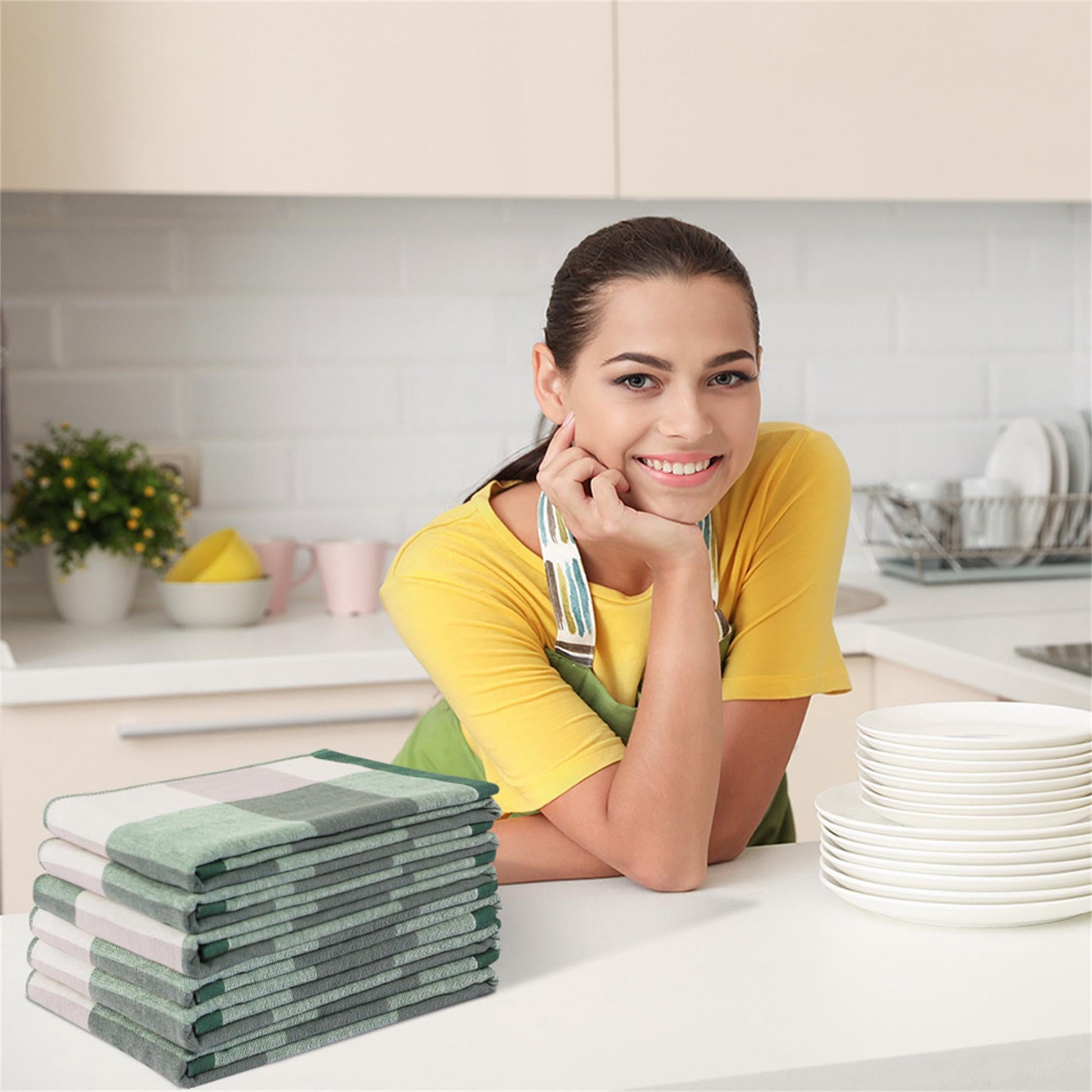 Unique Bargains 6-Pack 100% Cotton Absorbent Kitchen Towels 13" x 29" Green