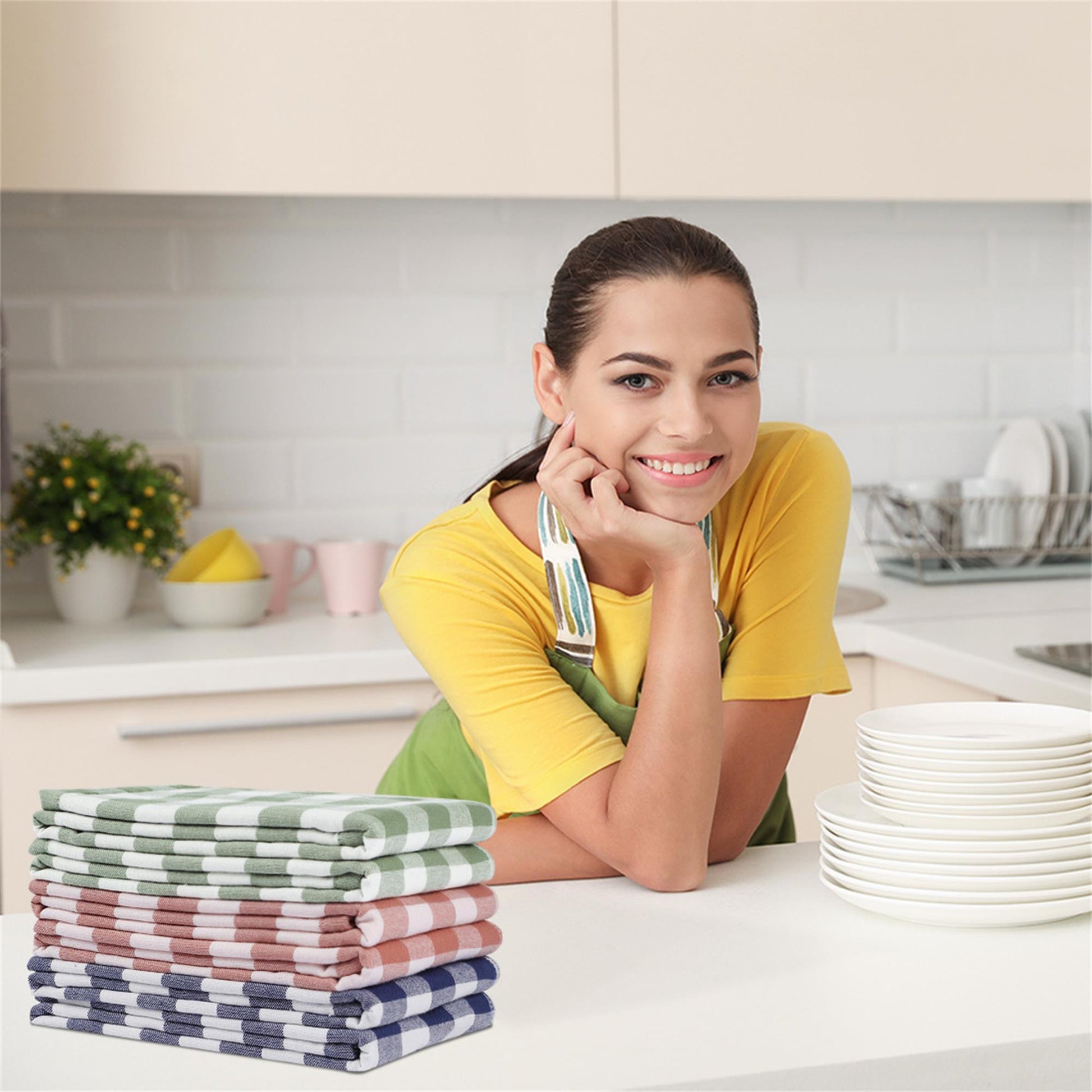 Unique Bargains 6Pcs Cotton Checks Pattern Kitchen Towels Mixed Color