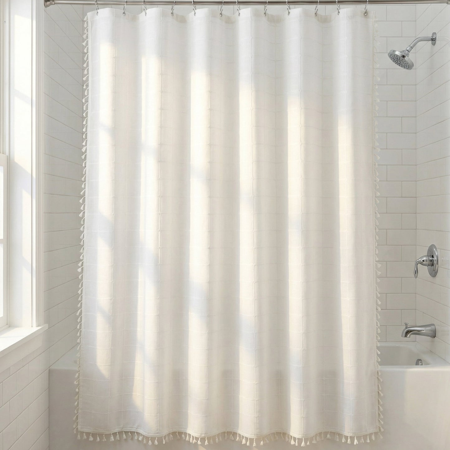 Unique Bargains Boho Plaid Blend Shower Curtain Sets with Hooks White 72"W x 72"L