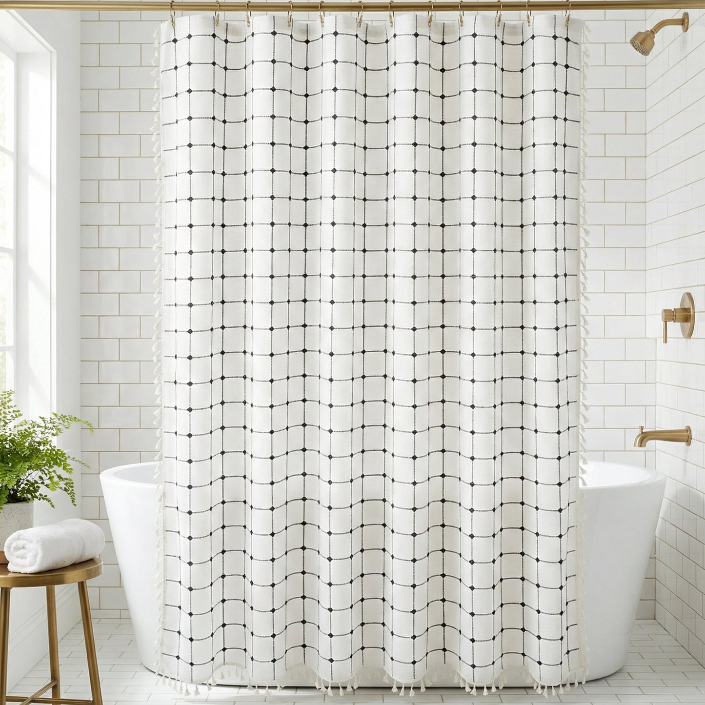 Unique Bargains Boho Plaid Blend Shower Curtain Sets with Hooks White Black 72"W x 72"L