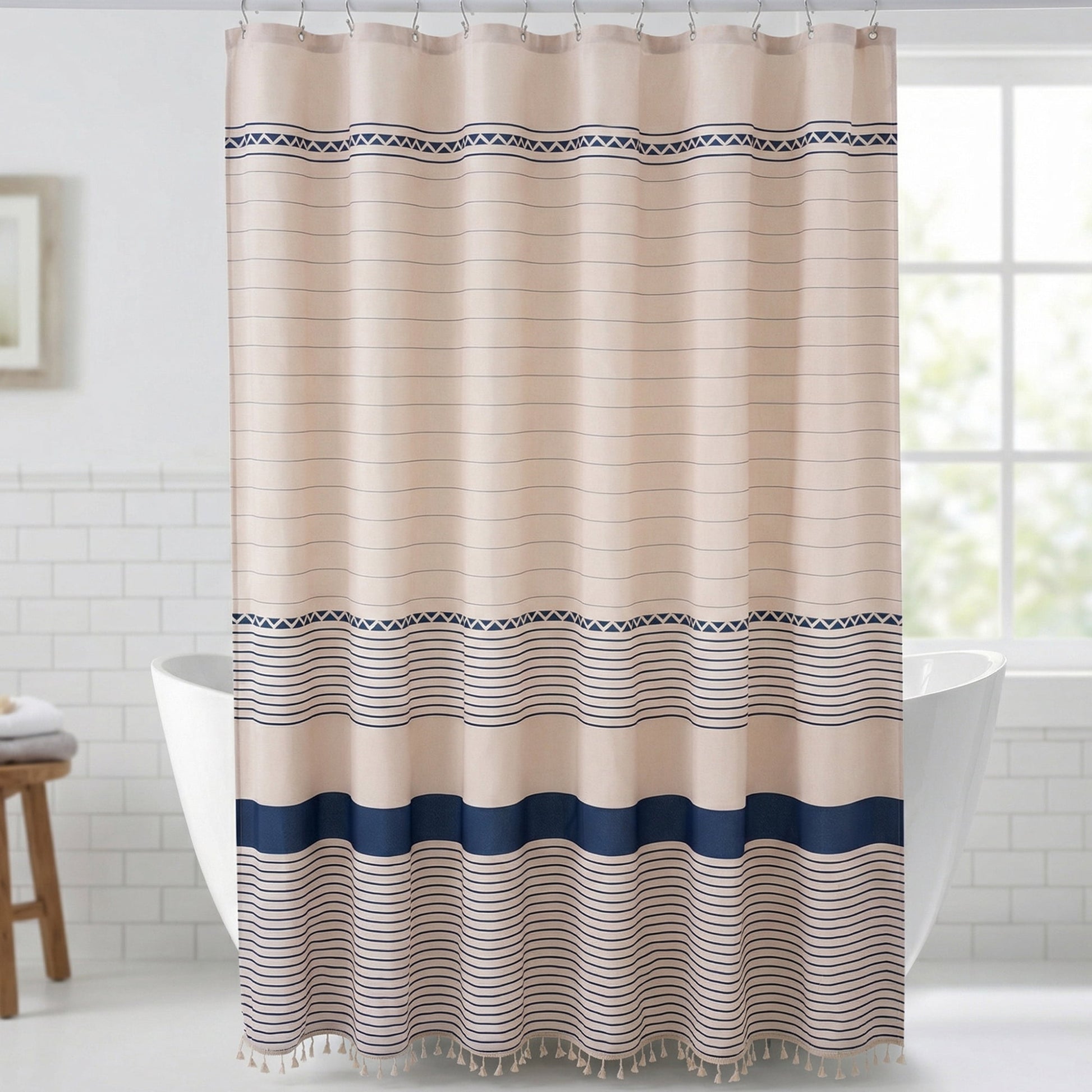 Unique Bargains Boho Striped Shower Curtain Set with Tassels and 12 Hooks Blue 71"W x 71"L