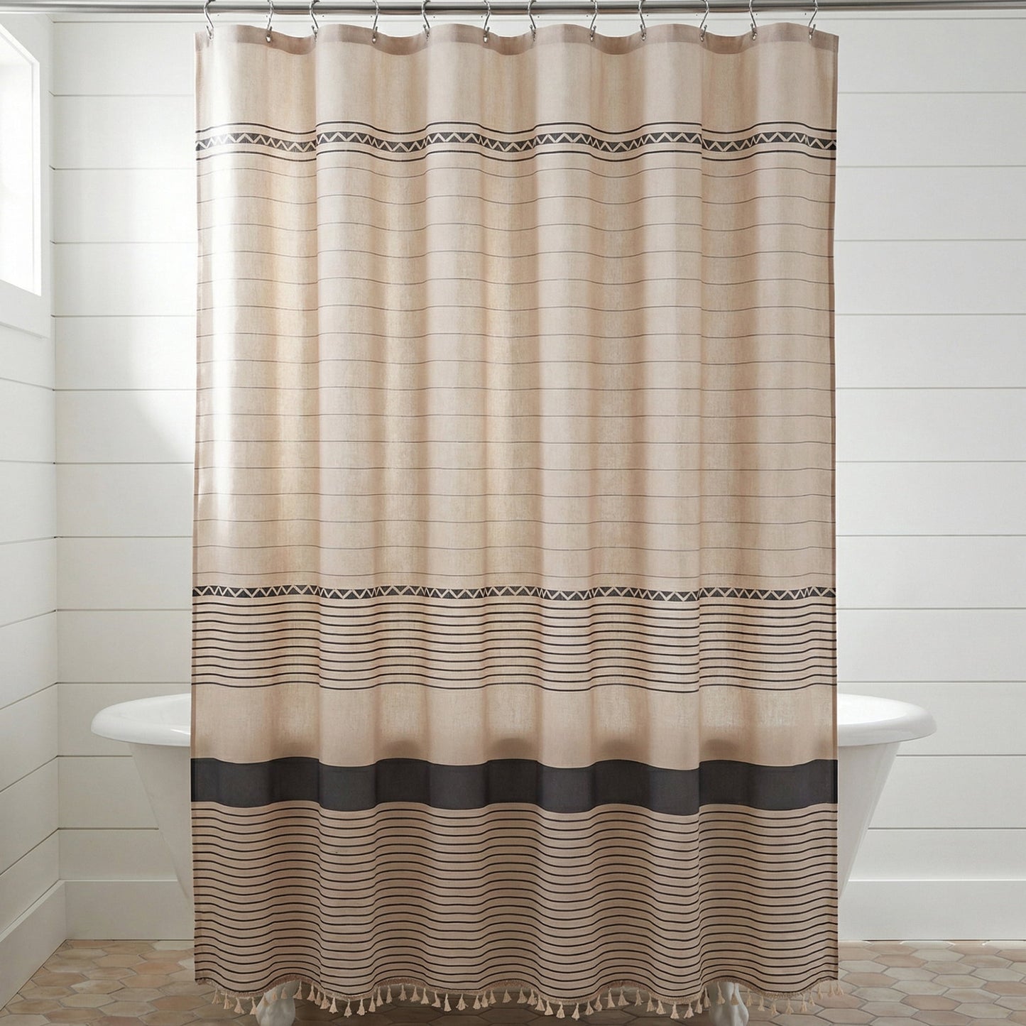 Unique Bargains Boho Striped Shower Curtain Set with Tassels and 12 Hooks Grey 71"W x 71"L