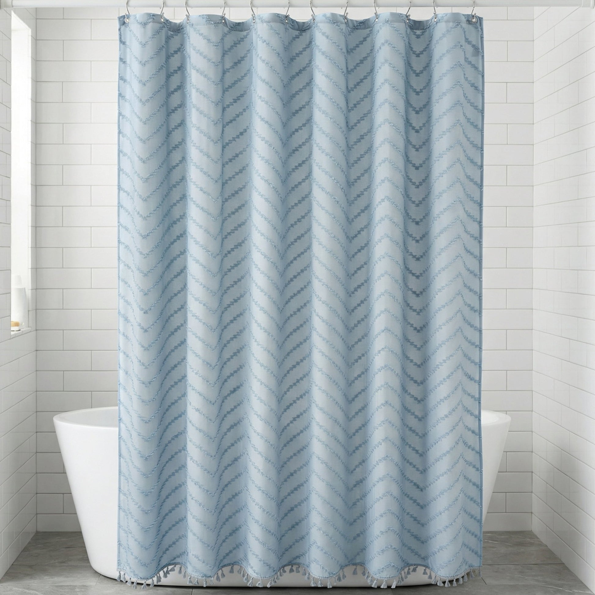 Unique Bargains Boho Wavy Striped Shower Curtain with Tassel and Hooks Blue 72"W x 72"L
