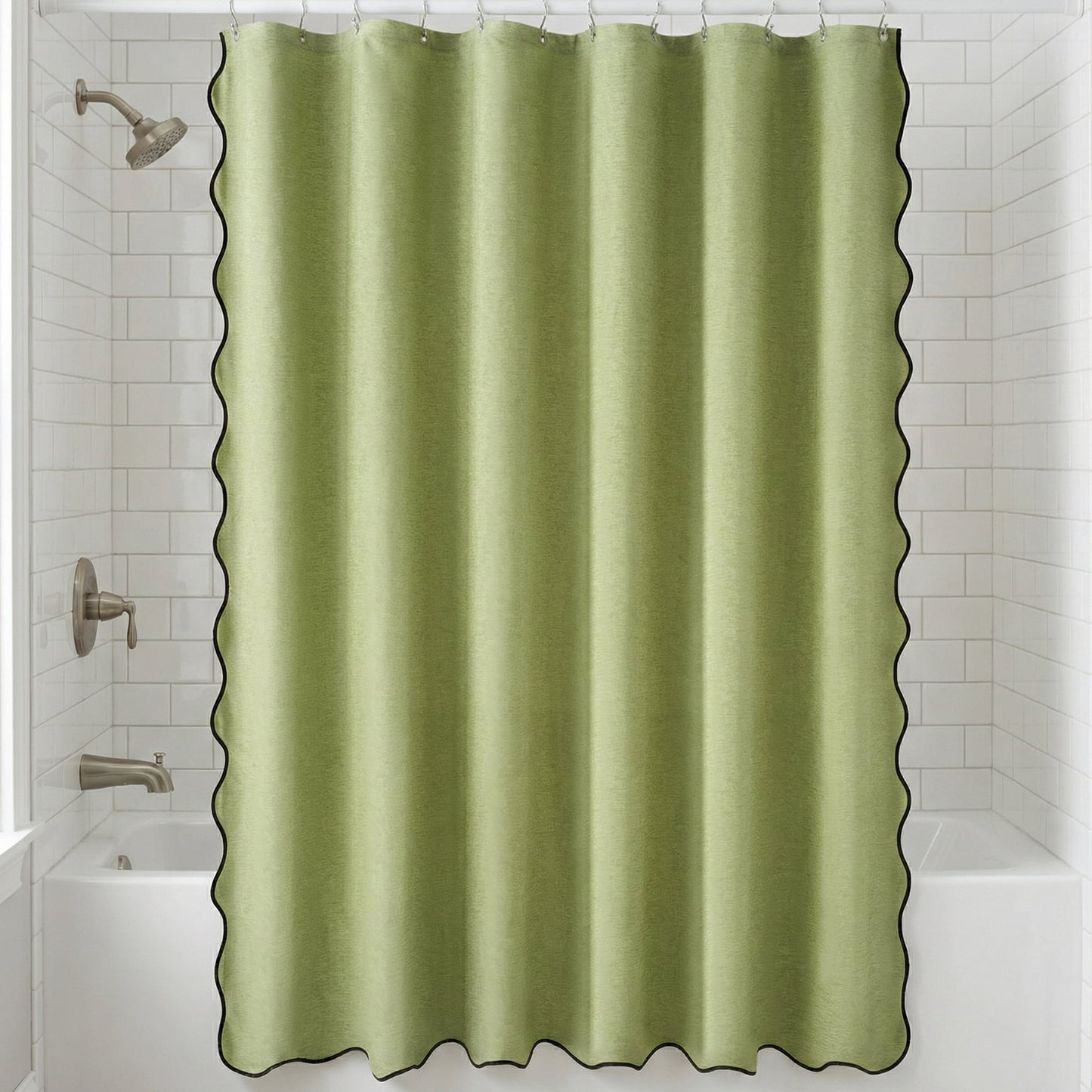 Unique Bargains Boho Wavy Trim Shower Curtain Sets with 12 Hooks Green 72"W x 72"L