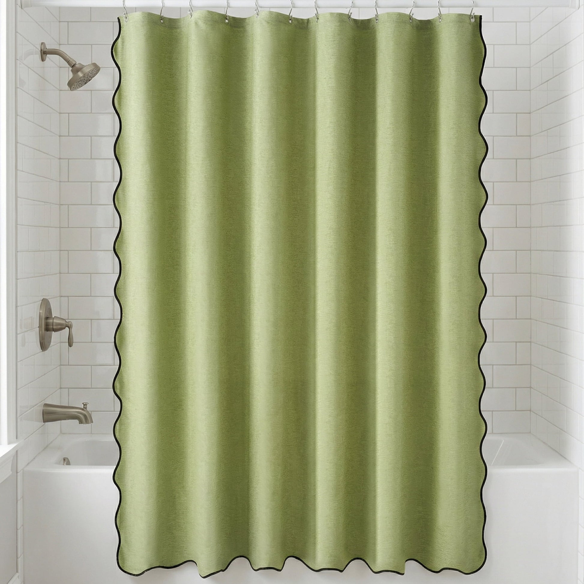 Unique Bargains Boho Wavy Trim Shower Curtain Sets with 12 Hooks Green 72"W x 72"L